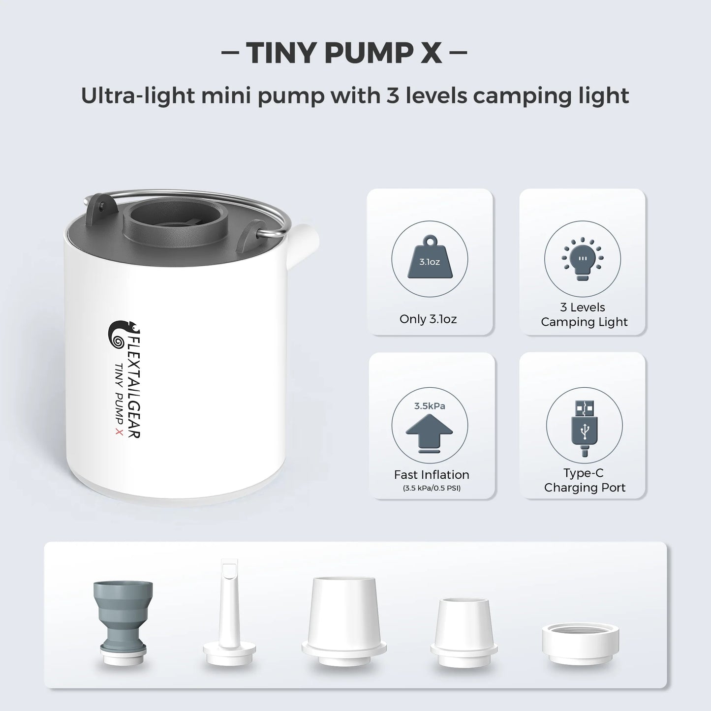 FLEXTAILGEAR TINY PUMP X - Portable Electric Air Pump with Camping Light Rechargeable for Pool Floats Air Mattress Vacuum Bags