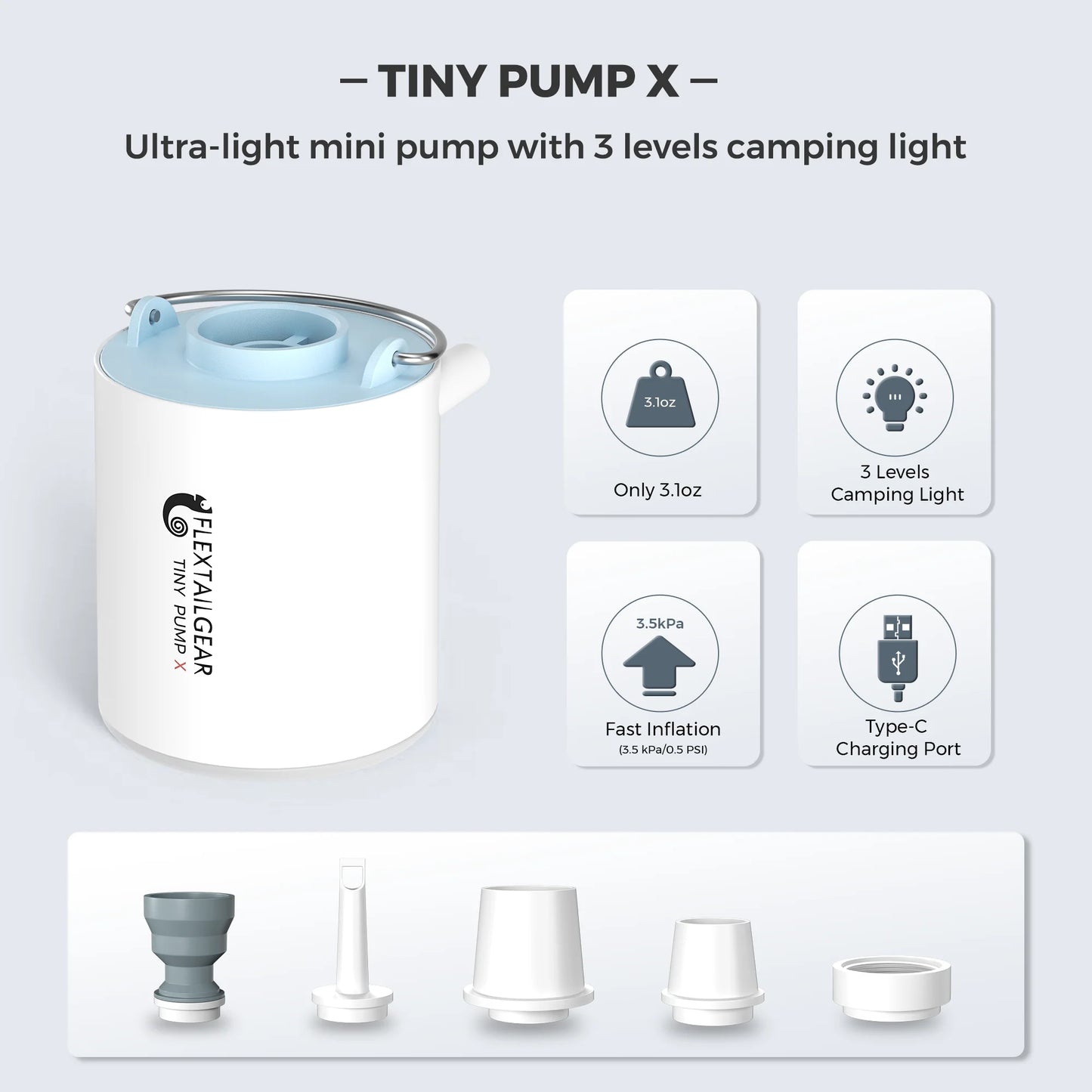 FLEXTAILGEAR TINY PUMP X - Portable Electric Air Pump with Camping Light Rechargeable for Pool Floats Air Mattress Vacuum Bags