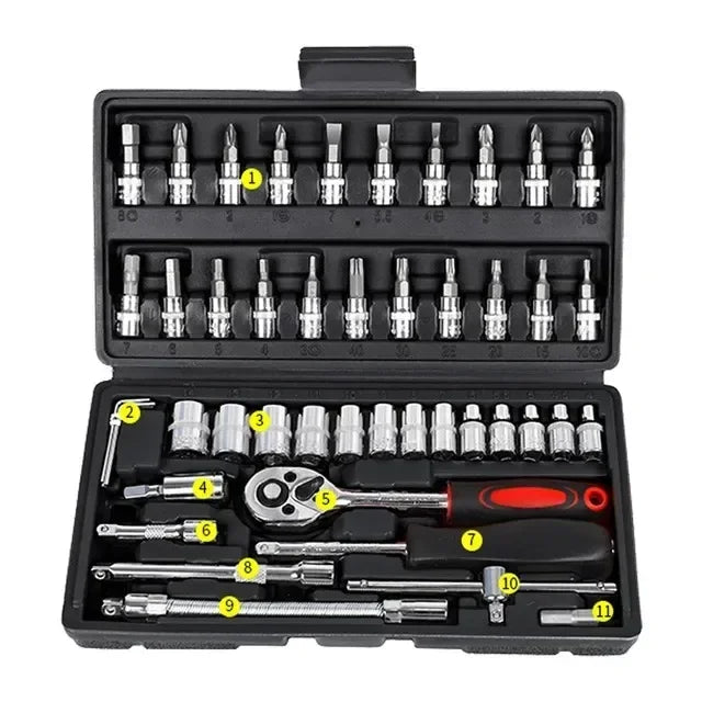 46pcs Car Repair Tool Kit 1/4-Inch Socket Set Car Repair Tool Ratchet Torque Wrench Combo Auto Repairing Set Mechanic Tool