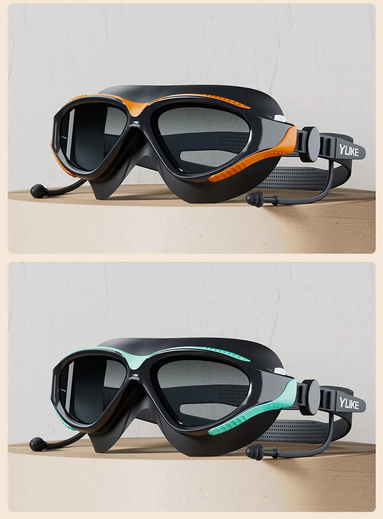 Adjustable Swimming Goggles Adults Big Frame With Earplugs Swim Glasses Men Women Professional HD Anti-fog Silicone Goggles