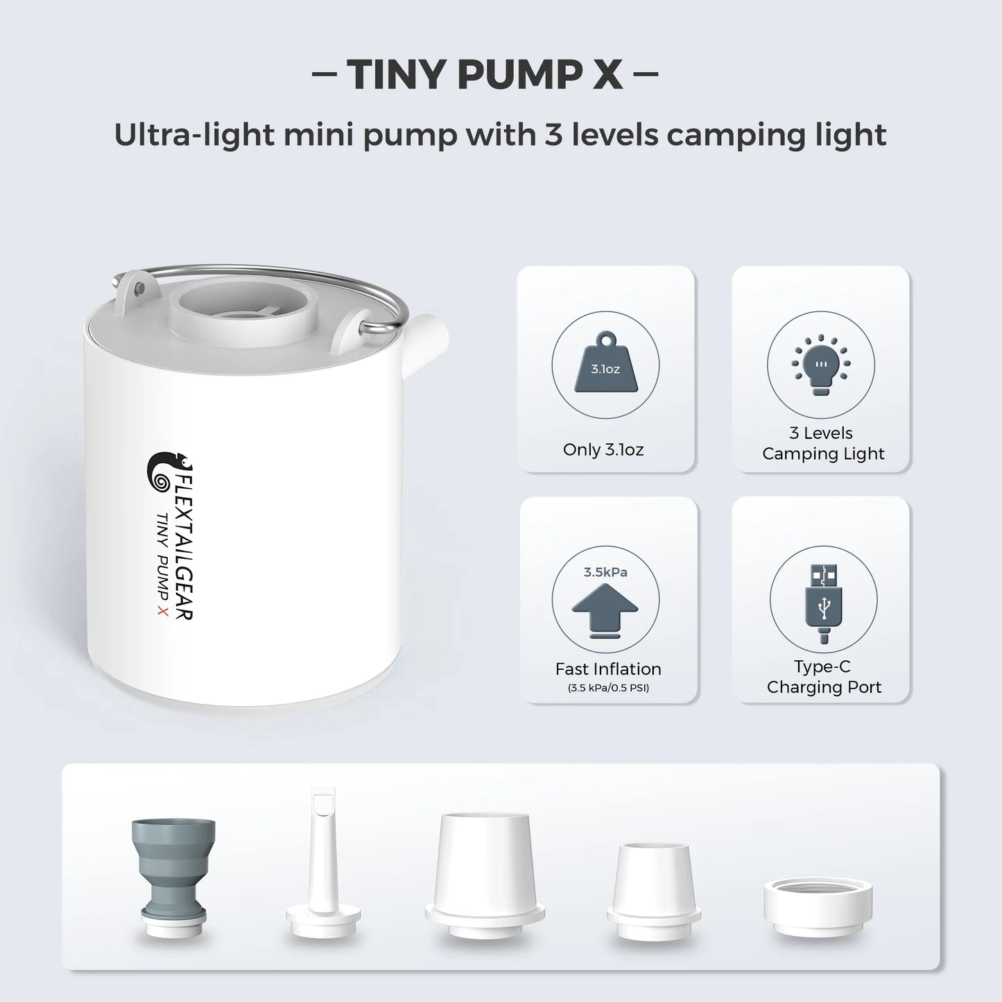 FLEXTAILGEAR TINY PUMP X - Portable Electric Air Pump with Camping Light Rechargeable for Pool Floats Air Mattress Vacuum Bags