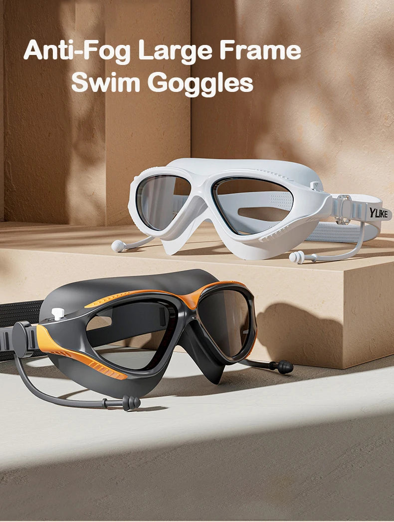 Adjustable Swimming Goggles Adults Big Frame With Earplugs Swim Glasses Men Women Professional HD Anti-fog Silicone Goggles